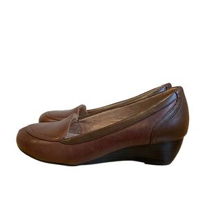 Dr. Scholl’s Rose slip on leather shoes brown wedges cushions sole neutral 6.5